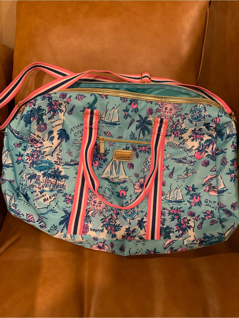Lilly Pulitzer Aqua Nautical Map Print Weekender with Pink Striped Handles